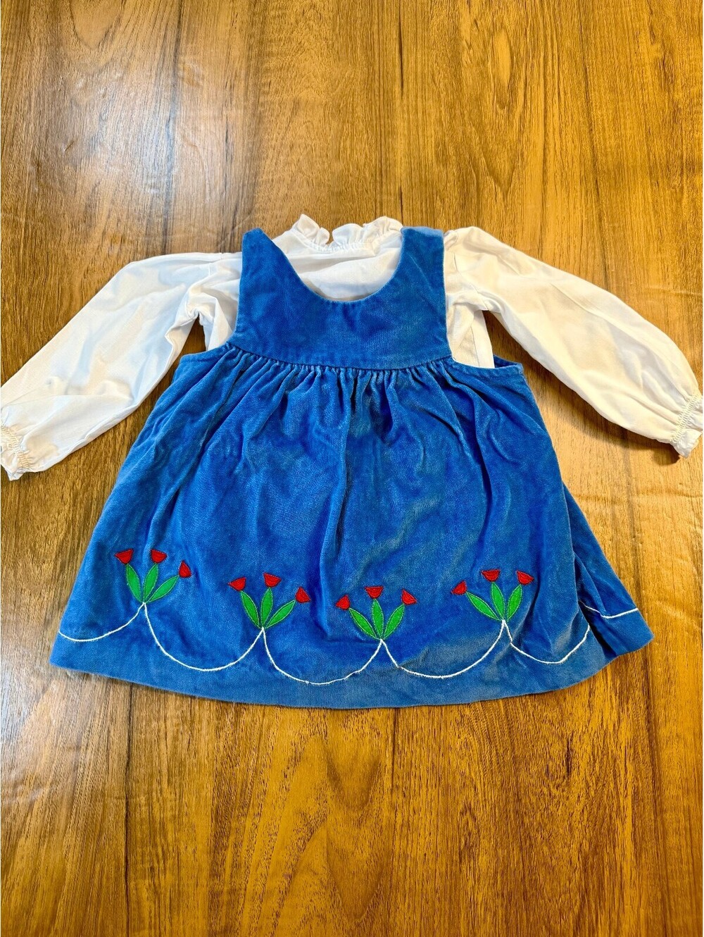 Vintage Alyssa Blue Velour Pinafore Dress & White Blouse Set 2T Tulips